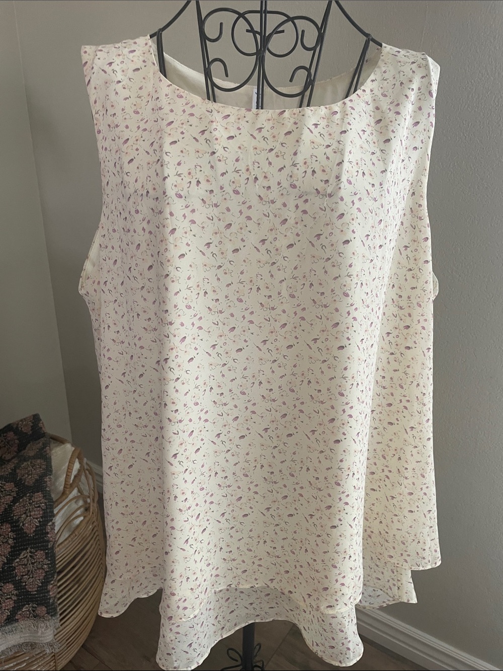 Women's Cream Sleeveless Floral Blouse with Pink Accents